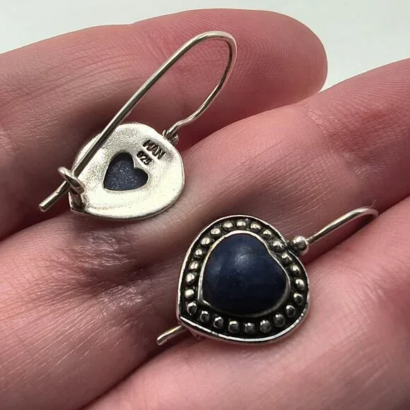 Sterling Silver HAN 925 Blue Heart Cabochon Earrings - Picture 3 of 9